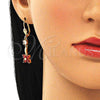 Arete Largo 02.213.0345 Oro Laminado, Diseño de Flor, con Granate and Blanca Zirconia Cubica, Pulido, Tono Dorado