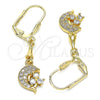 Arete Largo 02.213.0346 Oro Laminado, Diseño de Delfín, con Blanca Zirconia Cubica and Blanca Micro Pave, Pulido, Tono Dorado