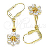 Arete Largo 02.387.0050 Oro Laminado, Diseño de Flor, con Blanca Zirconia Cubica, Pulido, Tono Dorado