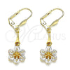 Arete Largo 02.387.0050 Oro Laminado, Diseño de Flor, con Blanca Zirconia Cubica, Pulido, Tono Dorado