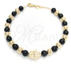 Pulsera de Dije 03.32.0568.07 Oro Laminado, Diseño de Bola y Mano de Dios, con Negro Azavache, Pulido, Tono Dorado (06 MM Thickness, 7 Inches Length)