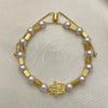 Pulsera Bolo Ajustable 03.32.0574 Oro Laminado, Diseño de Mano de Dios y Bola, con Blanca Perla, Pulido, Tono Dorado (01 MM Thickness, 7 Inches Length)