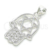 Dije Religioso 05.398.0021 Plata Rodinada, Diseño de Mano de Dios y Estrella de Davi, con Zirconia Cubica Blanca, Pulido, Crudo