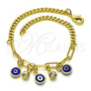 Pulsera de Dije 03.63.2240.08 Oro Laminado, Diseño de Ojo Griego y Paperclip, con Blanca Cristal, Resinado Azul, Tono Dorado (04 MM Thickness, 8 Inches Length)