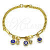 Pulsera de Dije 03.63.2240.08 Oro Laminado, Diseño de Ojo Griego y Paperclip, con Blanca Cristal, Resinado Azul, Tono Dorado (04 MM Thickness, 8 Inches Length)