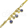Pulsera de Dije 03.63.2247.08 Oro Laminado, Diseño de Ojo Griego y Paperclip, con Blanca Cristal, Resinado Azul, Tono Dorado (03 MM Thickness, 8 Inches Length)
