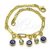 Pulsera de Dije 03.63.2247.08 Oro Laminado, Diseño de Ojo Griego y Paperclip, con Blanca Cristal, Resinado Azul, Tono Dorado (03 MM Thickness, 8 Inches Length)
