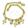Pulsera de Dije 03.63.2248.08 Oro Laminado, Diseño de Cruz y Paperclip, con Blanca Cristal, Pulido, Tono Dorado (03 MM Thickness, 8 Inches Length)