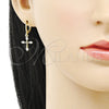 Arete Colgante 02.213.0543 Oro Laminado, Diseño de Cruz, con Blanca Zirconia Cubica, Pulido, Tono Dorado