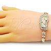 Pulsera Solida 03.411.0004.08 Oro Laminado, Diseño de San Judas y Besos y Abrazos, con Blanca Zirconia Cubica, Pulido, Tono Dorado (07 MM Thickness, 8 Inches Length)