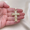 Dije Religioso 05.253.0180 Oro Laminado, Diseño de Crucifijo y Baguette, con Blanca Zirconia Cubica, Pulido, Tono Dorado