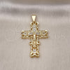 Dije Religioso 05.253.0180 Oro Laminado, Diseño de Crucifijo y Baguette, con Blanca Zirconia Cubica, Pulido, Tono Dorado