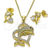 Juego de Arete y Dije de Adulto 10.210.0181 Oro Laminado, Diseño de Corazón y Delfín, con Blanca and Negro Micro Pave, Pulido, Tono Dorado