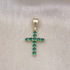 Dije Religioso 05.253.0182.3 Oro Laminado, Diseño de Cruz, con Verde Zirconia Cubica, Pulido, Tono Dorado
