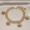 Pulsera de Dije 03.331.0240.08 Oro Laminado, Diseño de Bola y Rolo, Diamantado, Tono Dorado (10 MM Thickness, 8 Inches Length)