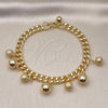 Pulsera de Dije 03.331.0256.09 Oro Laminado, Diseño de Bola y Miami Cubana, Pulido, Tono Dorado (07 MM Thickness, 9 Inches Length)