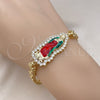 Pulsera Solida 03.411.0006.2.08 Oro Laminado, Diseño de Guadalupe y Flor, con Blanca Zirconia Cubica, Pulido, Tres Tonos (06 MM Thickness, 8 Inches Length)