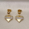 Arete Colgante 02.283.0114 Oro Laminado, Diseño de Corazón y Baguette, con Blanca Zirconia Cubica, Pulido, Tono Dorado