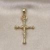 Dije Religioso 05.253.0185 Oro Laminado, Diseño de Crucifijo y Cruz, con Blanca Zirconia Cubica, Pulido, Tono Dorado