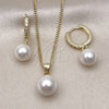 Juego de Arete y Dije de Adulto 10.213.0020 Oro Laminado, Diseño de Bola, con Madre Perla Marfil y Zirconia Cubica Blanca, Pulido, Tono Dorado