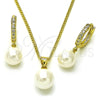 Juego de Arete y Dije de Adulto 10.213.0020 Oro Laminado, Diseño de Bola, con Madre Perla Marfil y Zirconia Cubica Blanca, Pulido, Tono Dorado