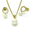 Juego de Arete y Dije de Adulto 10.213.0023 Oro Laminado, Diseño de Bola, con Marfil Madre Perla and Blanca Zirconia Cubica, Pulido, Tono Dorado