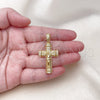 Dije Religioso 05.342.0230 Oro Laminado, Diseño de Crucifijo y Cruz, con Blanca Micro Pave, Pulido, Tono Dorado