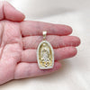 Dije Religioso 05.411.0071 Oro Laminado, Diseño de Guadalupe, con Blanca Zirconia Cubica, Pulido, Tono Dorado