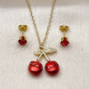 Juego de Arete y Dije de Adulto 10.417.0016 Oro Laminado, Diseño de Cereza, con Granate Zirconia Cubica, Esmaltado Rojo, Tono Dorado
