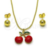 Juego de Arete y Dije de Adulto 10.417.0018 Oro Laminado, Diseño de Cereza y Bola, Esmaltado Rojo, Tono Dorado