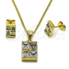 Juego de Arete y Dije de Adulto 10.342.0218 Oro Laminado, Diseño de Baguette, con Blanca Zirconia Cubica, Pulido, Tono Dorado