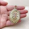 Dije Religioso 05.213.0056.1 Oro Laminado, Diseño de Guadalupe y Flor, Diamantado, Tres Tonos