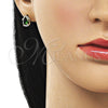 Arete Dormilona 02.213.0839 Oro Laminado, Diseño de Cluster y Gota, con Verde and Blanca Zirconia Cubica, Pulido, Tono Dorado