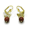 Arete Largo 02.213.0864 Oro Laminado, Diseño de Mariposa y Bola, con Onix Negro Goldstone Venturina, Diamantado, Tono Dorado