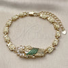 Pulsera Elegante 03.411.0090.08 Oro Laminado, Diseño de San Judas y Flor, Diseño de San Judas, con Zirconia Cubica Verde y Blanca, Pulido, Dorado
