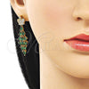 Arete Largo 02.282.0114.2 Oro Laminado, Diseño de Corona y Gota, con Verde and Blanca Zirconia Cubica, Pulido, Tono Dorado