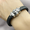 Pulsera Elegante 03.450.0004.09 Acero Inoxidable, Diseño de Calavera, Cuero Negro, Tono Plateado (12 MM Thickness, 9 Inches Length)