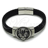 Pulsera Elegante 03.450.0005.09 Acero Inoxidable, Diseño de Leon, Cuero Negro, Tono Plateado (Thickness, 9 Inches Length)
