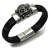 Pulsera Elegante 03.462.0021.09 Acero Inoxidable, Diseño de Calavera, Cuero Negro, Tono Plateado (Grosor 25 MM, 9 Pulgadas de Largo)