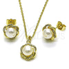 Juego de Arete y Dije de Adulto 10.379.0108 Oro Laminado, Diseño de Flor, con Perla Marfil y Micro Pave Blanca, Pulido, Tono Dorado