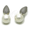 Arete Dormilona 02.436.0053.1 Rodio Laminado, Diseño de Bola y Gota, con Madre Perla Marfil y Zirconia Cubica Blanca, Pulido, Rodinado