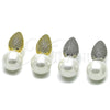 Arete Dormilona 02.436.0053.1 Rodio Laminado, Diseño de Bola y Gota, con Madre Perla Marfil y Zirconia Cubica Blanca, Pulido, Rodinado