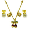 Juego de Arete y Dije de Adulto 10.411.0016 Oro Laminado, Diseño de Cereza y Corazon, Diseño de Cereza, con Zirconia Cubica Blanca y Granate, Pulido, Dorado