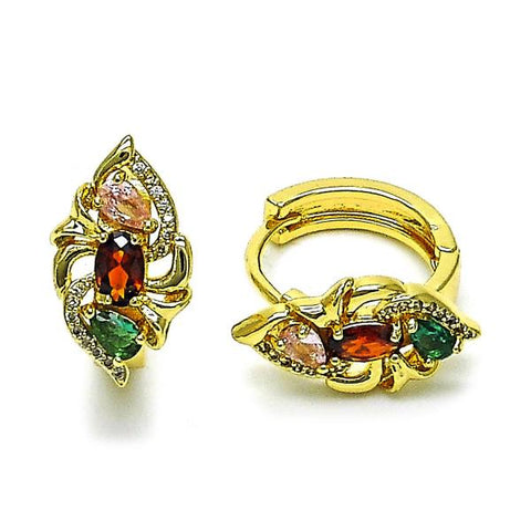 Argolla Huggie 02.210.0884.18 Oro Laminado, Diseño de Oja, con Zirconia Cubica Multicolor y Micro PaveBlanca, Pulido, Dorado
