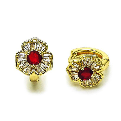 Argolla Huggie 02.196.0244.1.15 Oro Laminado, Diseño de Flor y Cluster, Diseño de Flor, con Zirconia Cubica Granate y Blanca, Pulido, Dorado