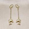 Arete Largo 5.100.014 Oro Laminado, Diseño de Delfin, con Zirconia Cubica , Dorado