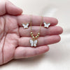 Juego de Arete y Dije de Adulto 10.341.0021 Oro Laminado, Diseño de Mariposa y Bola, Diseño de Mariposa, Esmaltado Blanco, Dorado