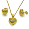 Juego de Arete y Dije de Adulto 10.342.0216 Oro Laminado, Diseño de Corazon, Cepillado, Dorado