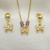 Juego de Arete y Dije de Adulto 10.09.0047 Oro Laminado, Diseño de Mariposa y Box, Diseño de Mariposa, con Opal Astral Pink, Pulido, Dorado
