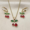 Juego de Arete y Dije de Adulto 10.210.0186 Oro Laminado, Diseño de Cereza, con Zirconia Cubica Granate y Verde, Pulido, Dorado